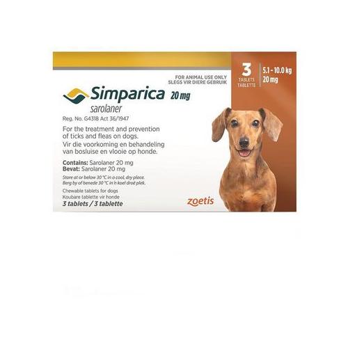 SIMPARICA 20mg Light Brown 5.1-10.0kg 3 Chewable Tick & Flea Tablets