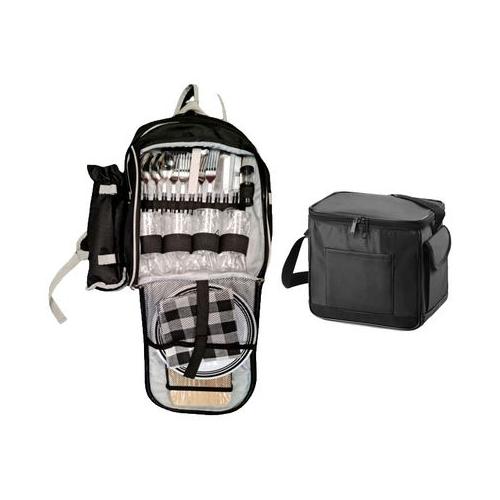 Picnic Bag Backpack with Bottle Holder with 6 Pack Cooler Bag - Black