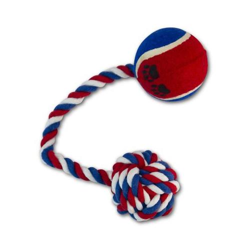 Dog Tug Toy - Tennis Ball on Rope - Blue & Red - 28cm