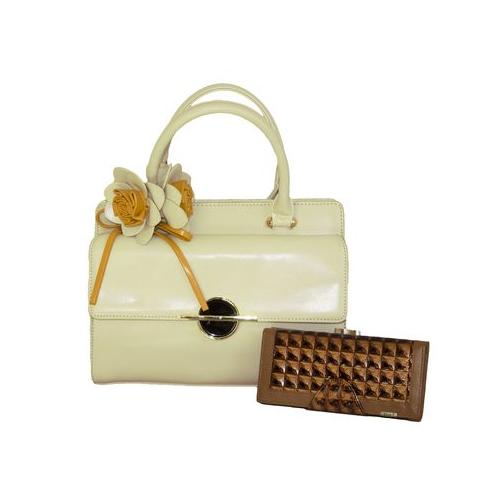Fino Ladies Faux Leather Fashion Bag with Removable Flower & Purse Set