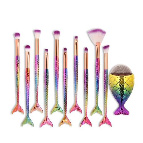 11 Piece Multicolor Mermaid Makeup Brushes Set
