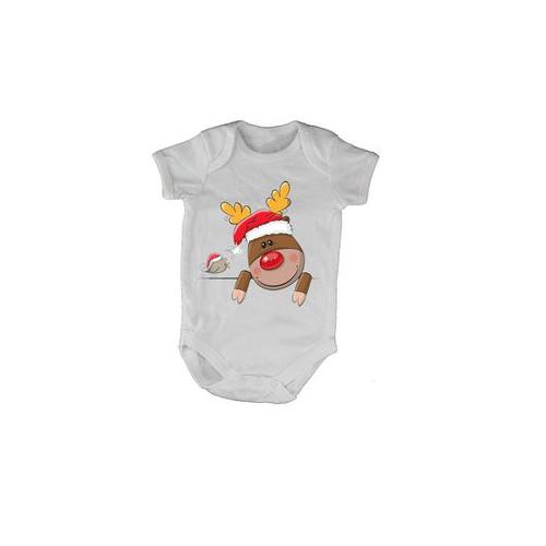 Peeking Christmas Reindeer & Bird - Short Sleeve - Baby Grow