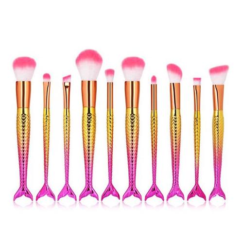 10 Piece Mermaid Professional Makeup Brush Cosmetic Set - Gloss Pink & Yellow