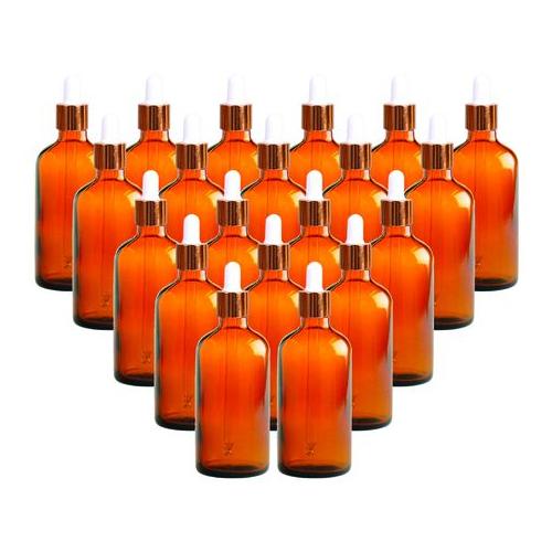 20 x 100ml Amber Glass Dropper Bottle With White & Gold Pipette