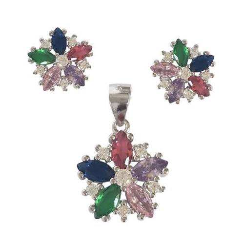 Colour Flower Earring and Pendant Set in Sterling Silver