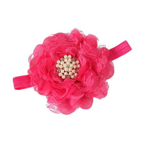 Large Chiffon & Lace Flower Headband with Diamante & Beads in Hot Pink