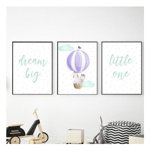 Air Ballon Purple & Mint Dream Big - A2 - Canvas (3.5cm ) -Set Of 3