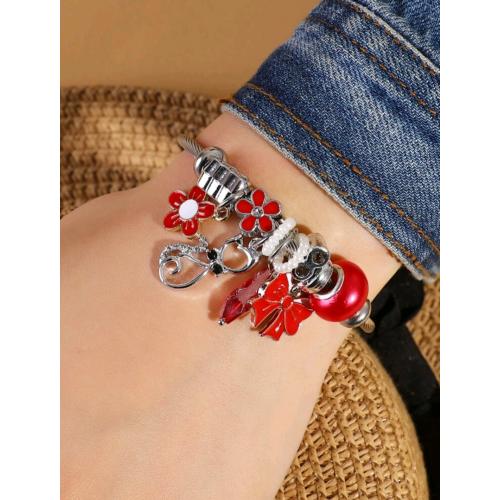 Red flower and bow Charm Bangle