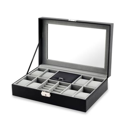 8 Slots PU Leather Jewelry Display Case With Lock & Glass Top - Black