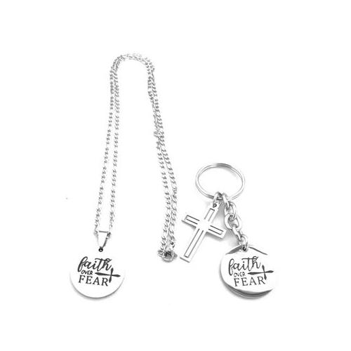 Solid Stainless Steel Faith Over Fear Disk Necklace And Disk Key Ring