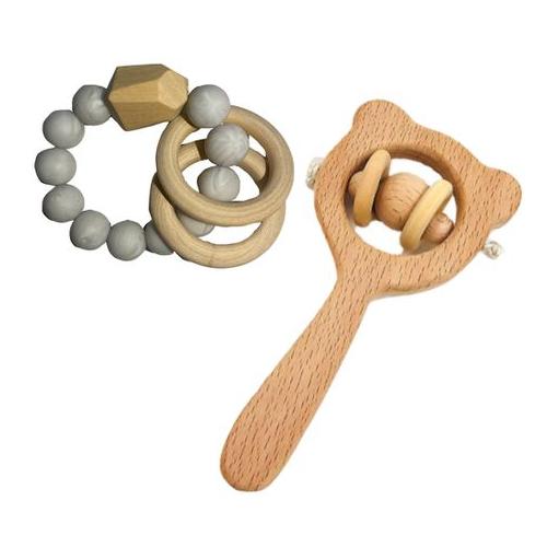 Baby Wooden Teething Rattle & Bracelet Set of 2 Classic