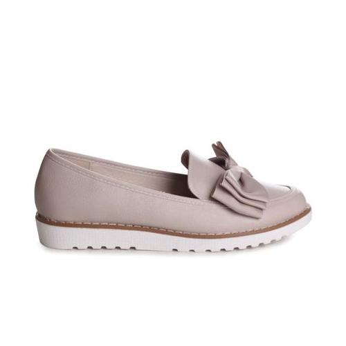 Linzi Katia Ladies - Taupe Faux Leather Classic Slip-On Loafer With Fabric Bow Detail