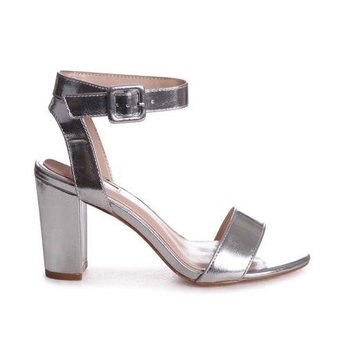 Linzi Marnie Ladies - Silver Metallic Open Toe Block Heels With Ankle Strap And Buckle Detail