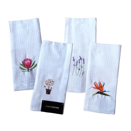 Linen House Embroidered Tea Towels - Flowers - Pack of 4