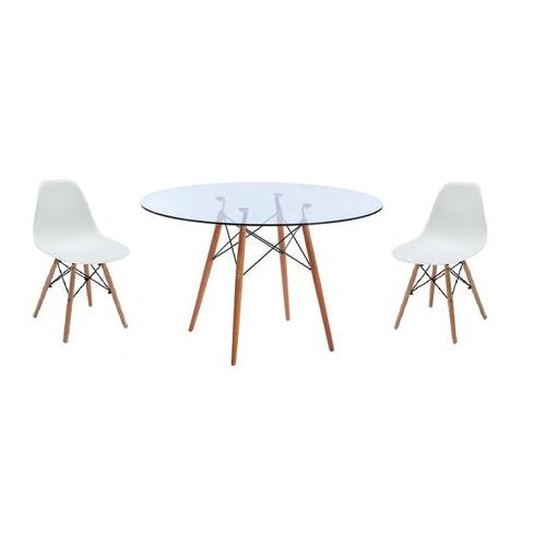 Glass Table and White Wooden Leg Chairs - 3 Piece