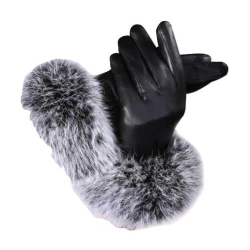 Women Mitten Faux Leather Gloves - Black