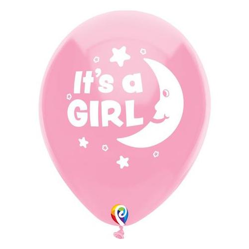 9 Inch Latex Balloon - It's A Girl With Moon - Pink 12 Pack