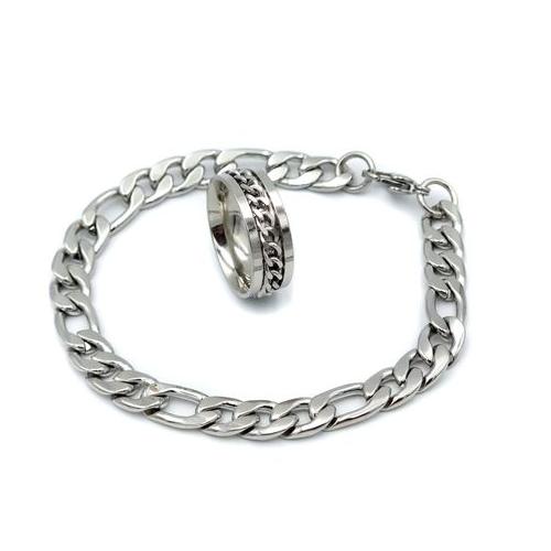 8.5mm Figaro Men's Bracelet and Men's Cuban Chain Ring