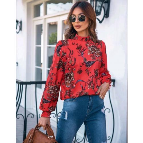 Bright Red Floral Bohemian Blouse