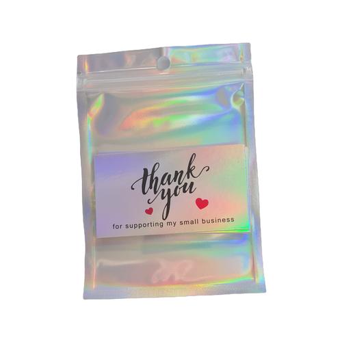 Resealable holographic gift bags with holographic thank you cards - 100 pc