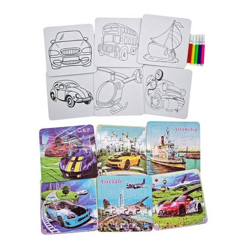 Kids 6 Part Drive Colouring and Jigsaw Activity Set Including 5 Colour Pens