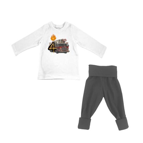 4th Birthday Outfit-Fire Truck Theme-Long Sleeve Fold over pants