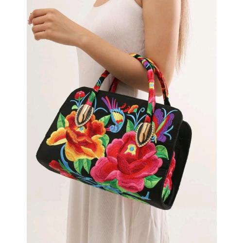 Bird and Floral Embroidered Top Handle Bag