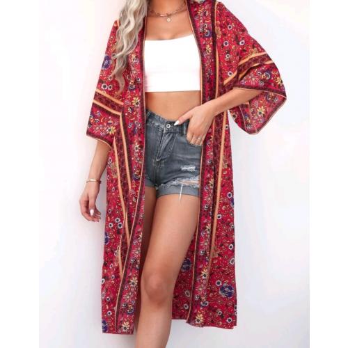 Red and navy floral Longline Kimono