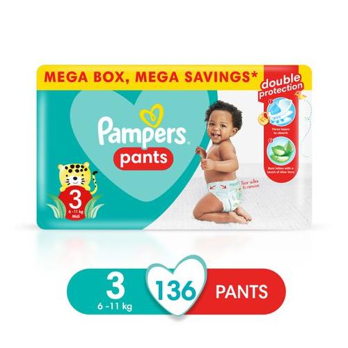 Pampers Pants - Size 3, Mega Savings Box-136 Nappies, Lotion with Aloe