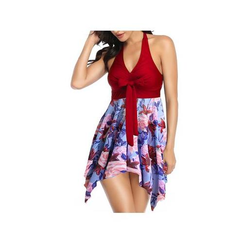 Olive Tree - Ladies Two Piece V neck Halter Bowknot Swimdress - Red