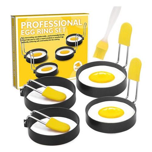 Non-Stick Stainless Steel Frying Egg Ring Pastry Mould with Brush- 4 Piece