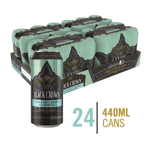 Black Crown Premium Premix Gin and Dry Lemon with Marula 24 x 440ml Cans