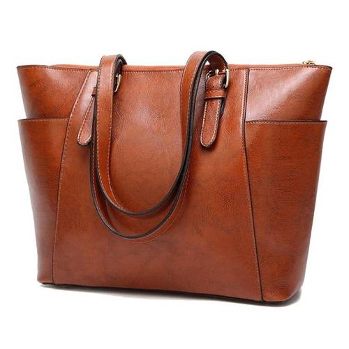 Women's Large Capacity Fashion PU Leather Satchel Shoulder Bag - Brown