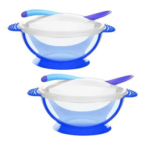 Baby Feeding Food Tableware Baby Sucker Bowl Spoon Soft Silicone Blue 2 Set