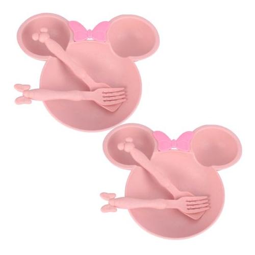 Baby Feeding Plate Training Bowknot Bowl Spoon Fork Tableware Pink Set Of 2