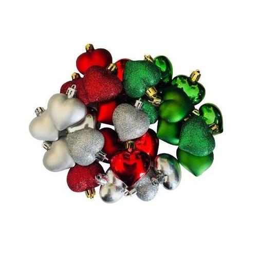 Christmas Tree Baubles - Hearts Shaped (27 Piece) 4cm Silver, Green & Red
