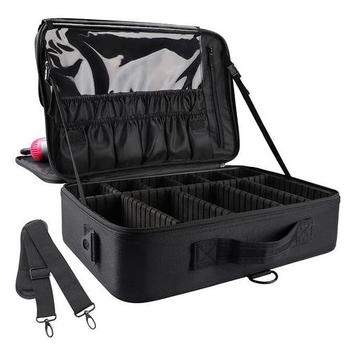 Makeup Cosmetic Travel Bag with Dividers and Shoulder Strap - 3 Layers
