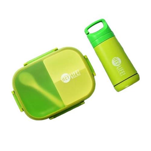 3 Compartment 900ml Plastic Lunch Box with Water Bottle - Green