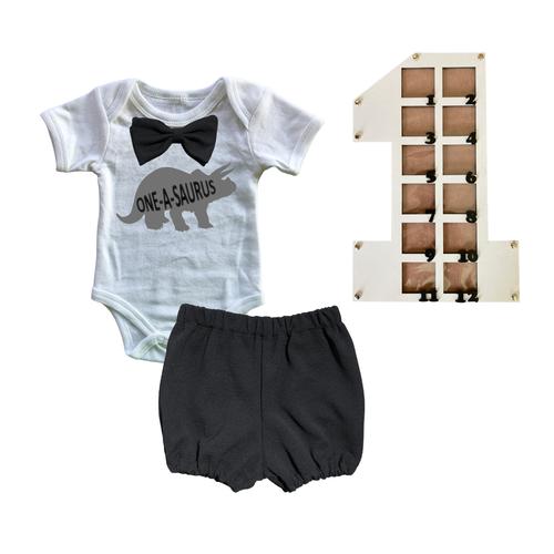 First Birthday Outfit-Bubble shorts & Photo Frame-Dinosaur ONE