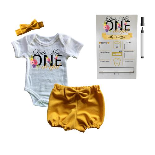 First Birthday Outfit-Bubble shorts & Milestone sign-Floral ONE