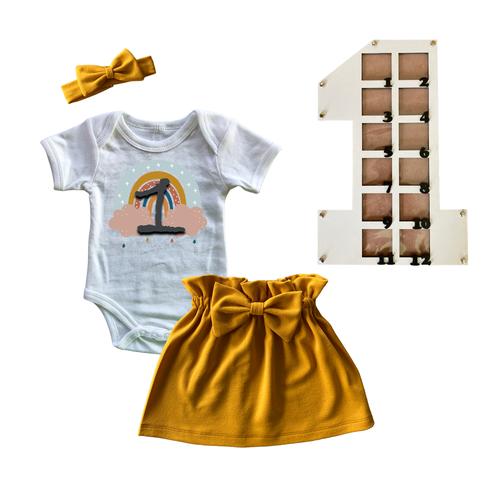 First Birthday Outfit-Skirt, vest & Photo frame- Mustard-Rainbow Colourful
