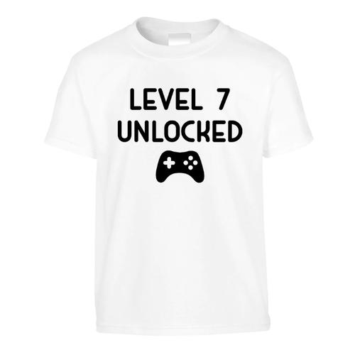 7th Birthday Level 7 Unlocked Gamer Gift T-Shirt-Kids - White