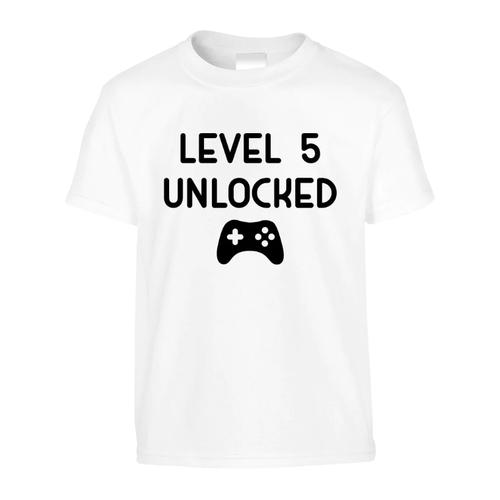 5th Birthday Level 5 Unlocked Gamer Gift T-Shirt-Kids - White