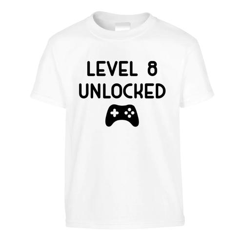 8th Birthday Level 8 Unlocked Gamer Gift T-Shirt-Kids - White