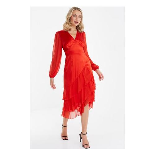Quiz Ladies - Orange Satin Frill Midi Dress