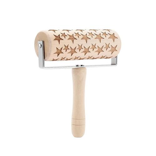 Embossed Star Pattern Wooden Rolling Pin With Handle