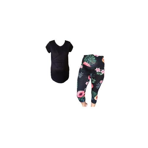Maternity & Breastfeeding Cap Sleeve with Capri Leggings- Black with Floral