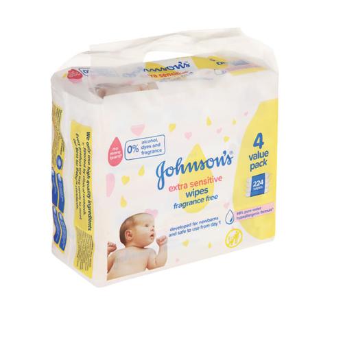 Johnson's Extra Sensitive Wipes Fragrance-Free Value Pack (4 x 56 wipes)