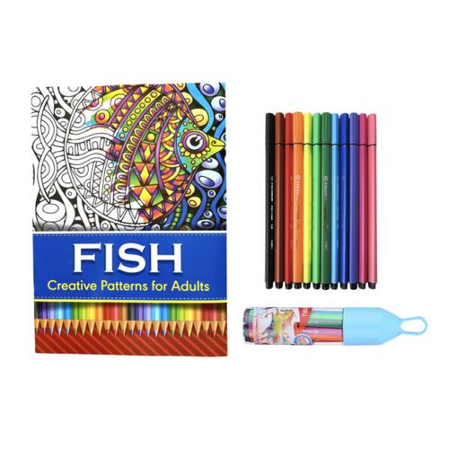 Adult Colouring Book with 12 Colour Felt Tip Pens - Fish