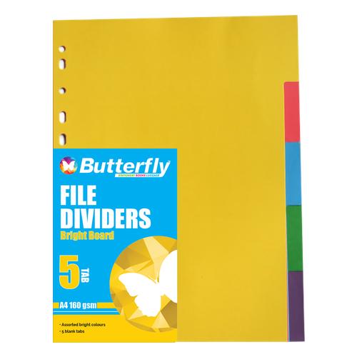 Butterfly A4 File Dividers Bright Board - 5 Tab (Pack Of 10)